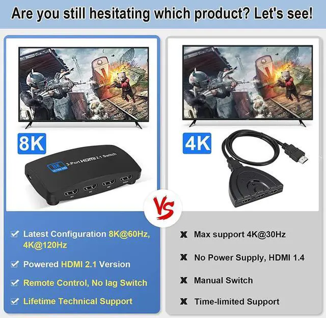 Alt view image 2 of 7 - HDMI 2.1 Switch 8K, 4K@120Hz/8K@60Hz HDMI Switcher with Remote Control, 3 in 1 Out, HDCP2.3 YUV 4:4:4/RGB 4:4:4(Dolby Vision/Atmos),Dynamic HDR ,VRR for PS5/PS4/Xbox/Roku/Apple TV