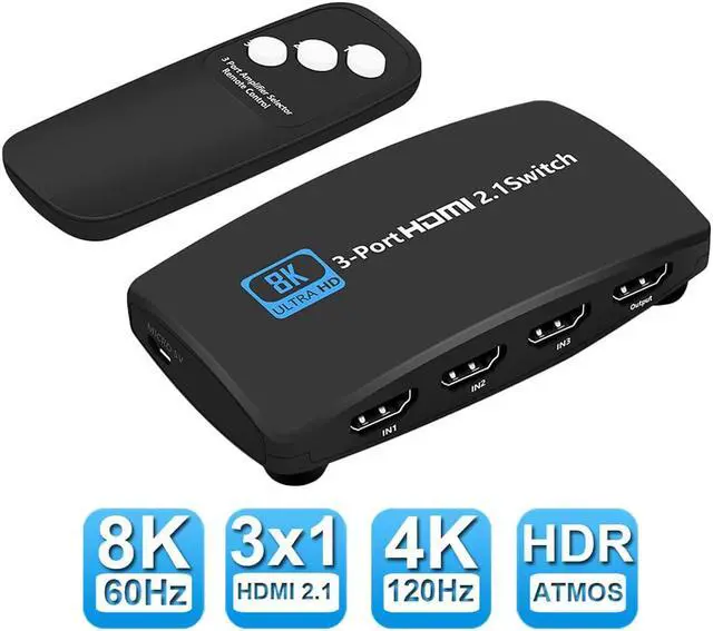 Main image of HDMI 2.1 Ultra HD 8K High Speed 48Gbps HDMI Switch 3in 1out with IR Remote 8K@60Hz 4K@120Hz Converter Compatible with Xbox PS5 Projectors Monitors