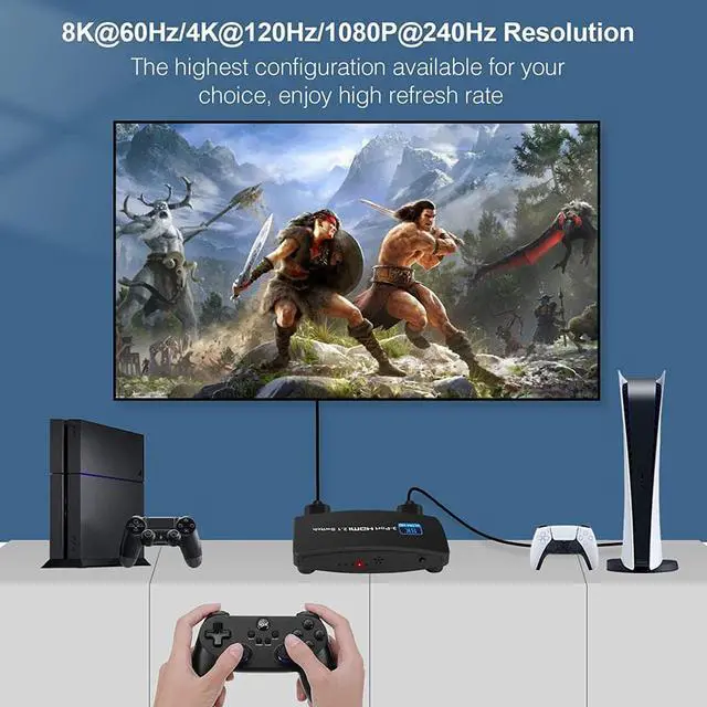 Alt view image 7 of 7 - 8K 60Hz HDMI 2.1 Switch 3x1 4K 120Hz 48Gbps,HDCP 2.3,VRR, HDR ,HDMI Switcher 3 in 1 Out,3 Port HDMI Selector,IR Remote,for QLED TV,PS5,Xbox,Fire Stick,Roku,Blu Ray,Projector