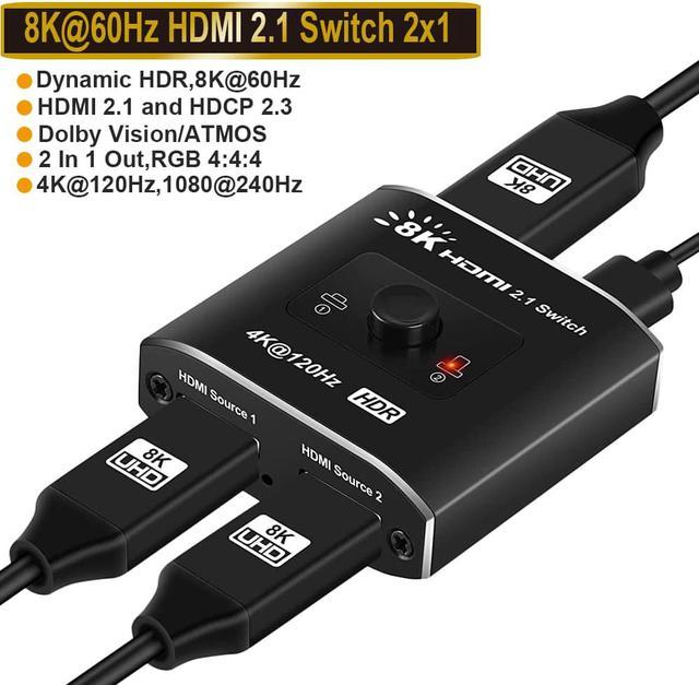 HDMI 2.1 Switch 4K@120Hz, 4K@144Hz, 8K@60Hz, HDMI Switcher Splitter 2 in 1  Out, Aluminum Shell, Compatible with PS4/PS5, Xbox, Fire Stick, Apple TV