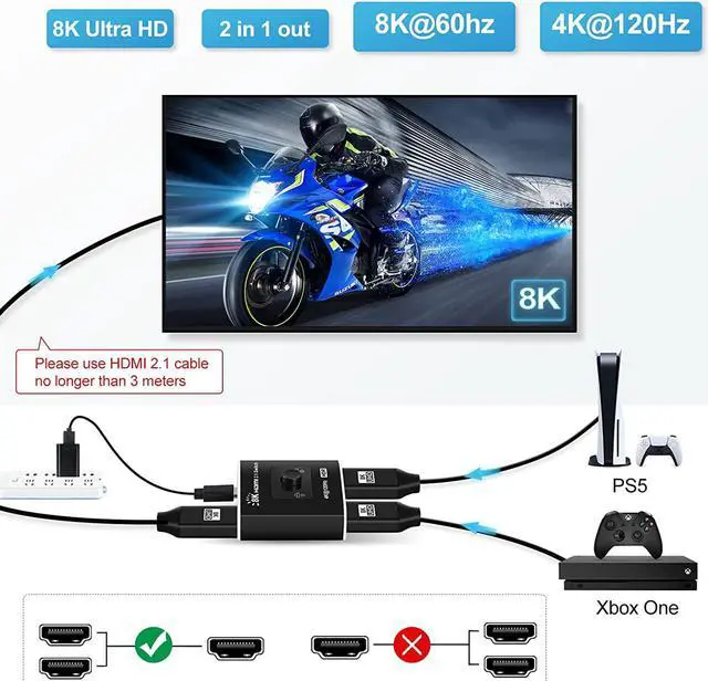 Alt view image 5 of 8 - HDMI Switch 4k 120hz,ESTONE Ultra Hd 8k High Speed 48gbps, HDMI 2.1 One Button Switch, 2 in 1 Out Supports 3D 8K@60Hz 4K@120Hz, Compatible for PS5 PS4 Projectors Monitor Blu-ray Player Xbox(OZ8Q2B)