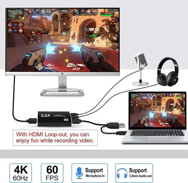 Alt view image 4 of 7 - 4K@60Hz Capture Card for Live Streaming, 1080P 60FPS Game Capture Card with USB3.0/Type-C & Microphone HDMI Loop-Out, Capture Card for Recording Compatible with Nintendo Switch, PS4, PS5, PC, Xbox One