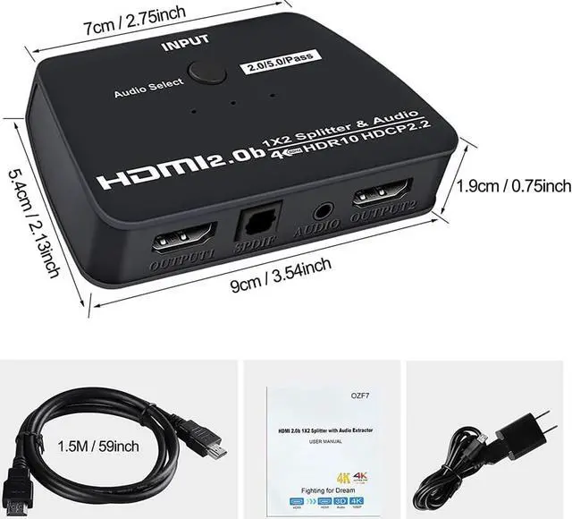 Alt view image 7 of 8 - 4K HDMI Splitter with 3.5mm Jack & Optical SPDIF audio out, 1 in 2 Out 4K HDMI Splitter for Full HD 4K@60HZ 1080P 3D Splitter (1 HDMI Source to 2 HDMI Displays)