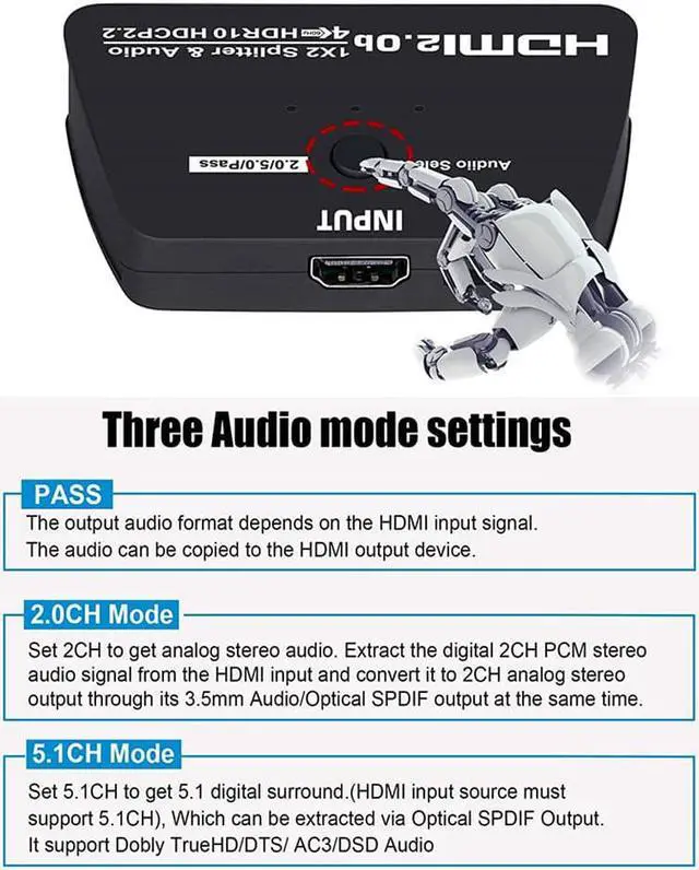 Alt view image 4 of 8 - 4K HDMI Splitter with 3.5mm Jack & Optical SPDIF audio out, 1 in 2 Out 4K HDMI Splitter for Full HD 4K@60HZ 1080P 3D Splitter (1 HDMI Source to 2 HDMI Displays)