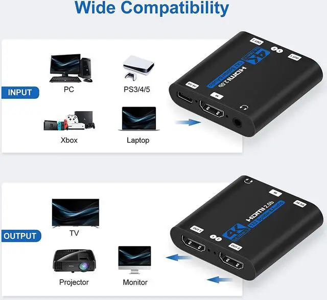 Alt view image 6 of 7 - ESTONE HDMI Splitter 1 in 2 Out with Audio Extractor, 4K 1x2 HDMI Splitter for Dual Monitors HD 1080P 3D Splitter, Supports HDCP2.2, Xbox PS3/4/5 Sky Box Fire Stick DVD (OZF6-1)