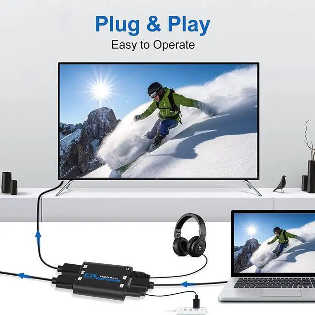 Alt view image 4 of 7 - ESTONE HDMI Splitter 1 in 2 Out with Audio Extractor, 4K 1x2 HDMI Splitter for Dual Monitors HD 1080P 3D Splitter, Supports HDCP2.2, Xbox PS3/4/5 Sky Box Fire Stick DVD (OZF6-1)