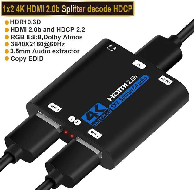 Main image of ESTONE HDMI Splitter 1 in 2 Out with Audio Extractor, 4K 1x2 HDMI Splitter for Dual Monitors HD 1080P 3D Splitter, Supports HDCP2.2, Xbox PS3/4/5 Sky Box Fire Stick DVD (OZF6-1)