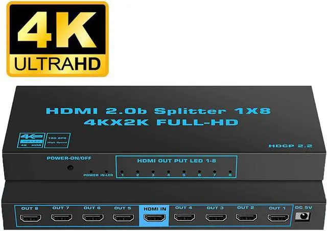 Main image of ESTONE 1x8 HDMI Splitter 8 Port 1 in 8 Out HDMI Switch 1 Port to 8 HDMI Display Duplicate/Mirror Powered Splitter Ver HDMI2.0 Certified for Full HD 4Kx2K@60Hz 1080P High Resolution 3D Support