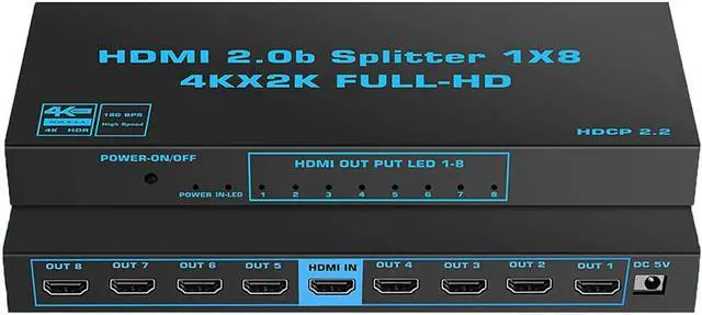 Main image of 1x8 HDMI Splitter, ESTONE 4K@60Hz HDMI2.0b Splitter 1 in 8 Out Audio Video Distributor Box with Power Adapter, Support 3D HDCP2.2, RGB 4:4:4, 18.5Gbps for Xbox, PS5, Fire Stick, Roku