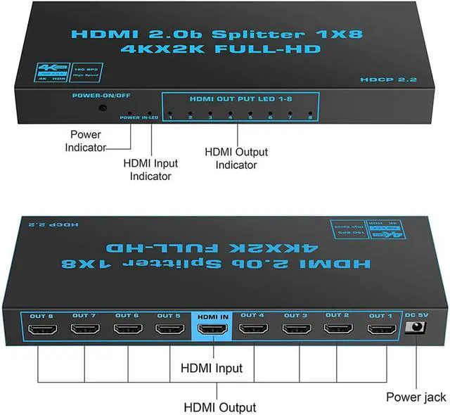 Alt view image 3 of 7 - 1x8 HDMI Splitter, ESTONE 4K@60Hz HDMI2.0b Splitter 1 in 8 Out Audio Video Distributor Box with Power Adapter, Support 3D HDCP2.2, RGB 4:4:4, 18.5Gbps for Xbox, PS5, Fire Stick, Roku
