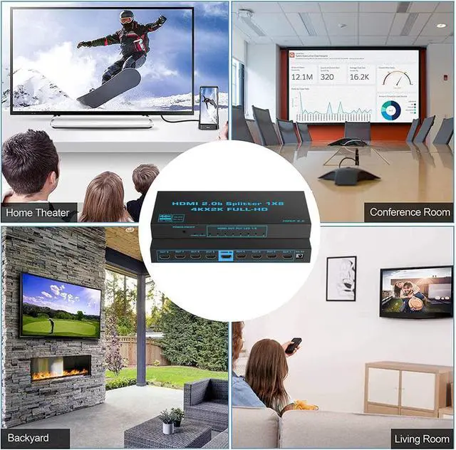 Alt view image 7 of 7 - ESTONE 4K 1x8 HDMI Splitter 1 in 8 Out, 8 Port Powered HDMI Splitter Multi Monitor Outputs 3D 4Kx2K@60Hz for Projector, HDTV