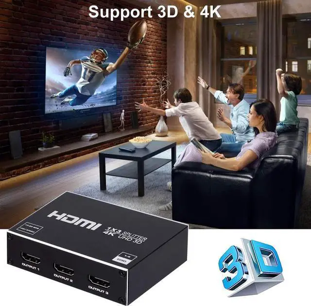 Alt view image 6 of 7 - ESTONE 4K 1 in 3 Out HDMI Splitter - Ultra HD 4K @ 30 Hz 1x3 V. 1.4 HDCP, Power HDMI Supports 4K 3D Full HD 1080P for Xbox, PS3 PS3 Fire Stick Blu Ray Apple TV HDTV - Adapter Included