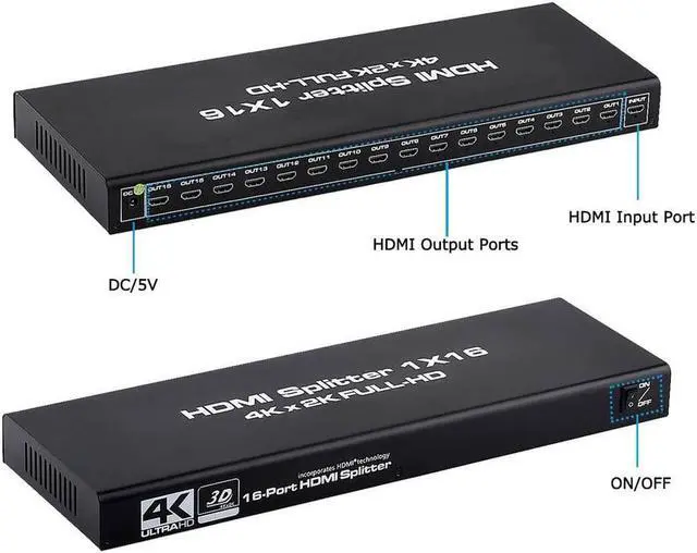 Alt view image 2 of 7 - ESTONE HDMI Splitter 1 in 16 Out V1.4b Powered HDMI Video Splitter with AC Adaptor Duplicate/Mirror Screen Monitor Supports Ultra HD 1080P 2K x4K@30Hz and 3D Resolutions (1 Input to 16 Outputs)