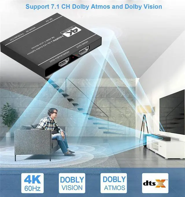 Alt view image 4 of 7 - 4K@60Hz HDMI Splitter 1 in 2 Out - 1x2 HDMI Display Duplicate/Mirror - 4K @ 30Hz (One Input To Two Outputs) - Support HDMI Audio Output) - 4Kx2K@60Hz 3D, HDCP2.3, HDR, EDID, Doby Atmos