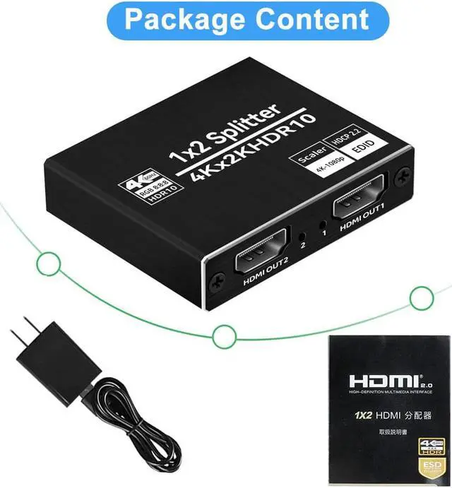 Alt view image 7 of 7 - HDMI Splitter 1x2 With EDID,ESTONE 1 in 2 Out HDMI Splitter Audio Video Distributor 3D & 4K x 2K Box for HDTV, STB, PS3, PS4 Pro Blu-Ray DVD Player, Projector Etc