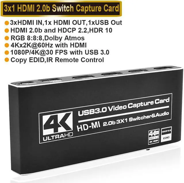 Main image of 4K@60Hz 3X1 Capture Card for Live Streaming, 4K 60FPS Game Capture Card with Microphone & Audio HDMI Loop-Out, Capture Card for Recording Compatible with Nintendo Switch, PS4, PS5, PC, Xbox One