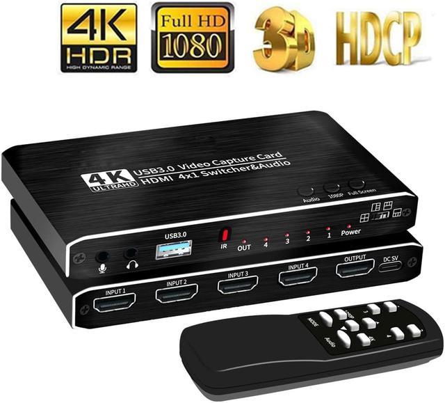 4K@30Hz 4x1 HDMI-Compatible Video Capture Card Seamless Switch Live  Recording Box 4K HDMI to HDMI & USB3.0 Video Card with Mic & 3.5mm Audio  for Game