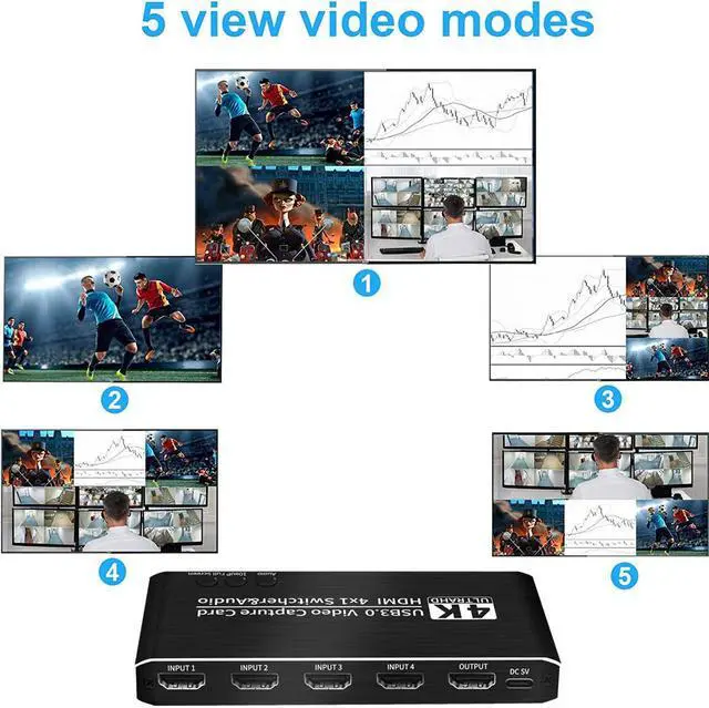 Alt view image 6 of 8 - 4K@30Hz 4x1 HDMI-Compatible Video Capture Card Seamless Switch Live Recording Box 4K HDMI to HDMI & USB3.0 Video Card with Mic & 3.5mm Audio for Game Live Streaming for PS4 Computer Phones