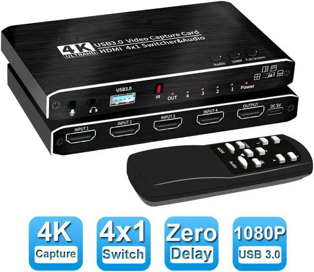 Main image of 4x1 4K@30Hz HDMI Video Capture Card Seamless Switch with Mic & 3.5mm Audio HD 4K@30Hz Video 4K 30fps Board Game Record For Live Streaming Video Recording