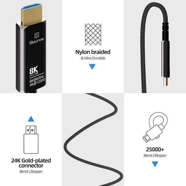 Alt view image 4 of 7 - 8K Fiber Optic HDMI Cable Braided Nylon, CL3 Rated 8K HDMI Cable Ultra high Speed 48Gbps,Support 8K60Hz, 4K120Hz, Dynamic HDR 10, eARC for PS5 PS4 Xbox Apple TV Sony LG Samsung, (16Feet, Black+White)