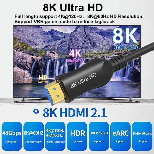 Alt view image 2 of 7 - 65ft 8K HDMI 2.1 Cable, Fiber Optic HDMI Cable, 48Gbps Ultra Speed, 8K 60Hz, 4K 120Hz, HDR, 3D, eARC, in Wall CL3 Rated, Slim and Flexible HMDI Cable