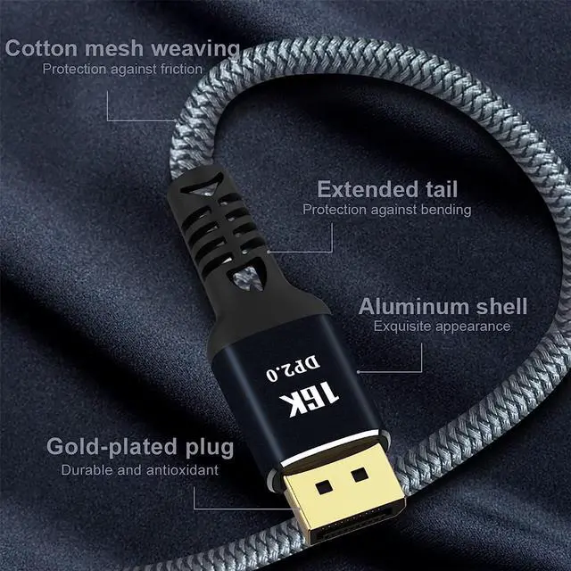 Alt view image 3 of 7 - VESA Certified DisplayPort Cable 2.0, ESTONE 16K DP Cable 6.6FT (16K@60Hz, 8K@60Hz, 4K@165Hz) HBR3 Support 80Gbps, HDCP 2.2, HDR10 FreeSync G-Sync