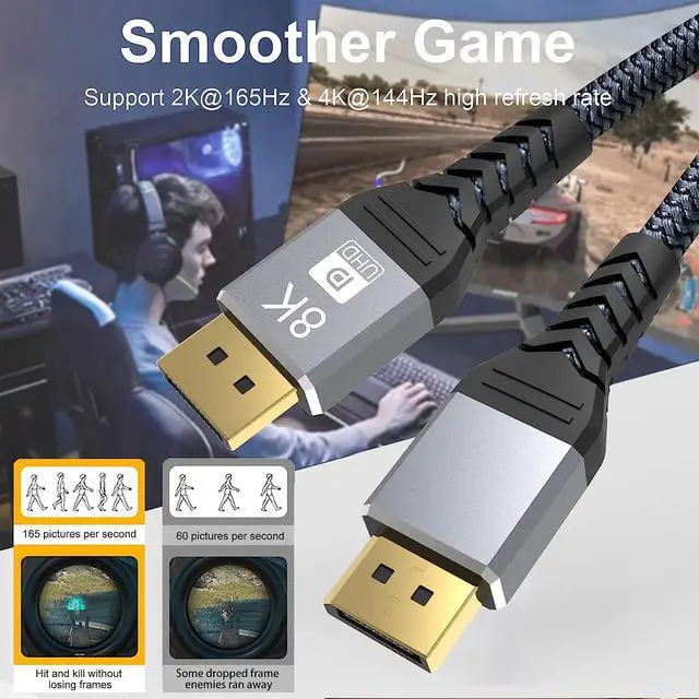 Alt view image 5 of 7 - 8K 60Hz DisplayPort Cable 10FT ,DP 1.4 Male Ultra High Speed Cord for Laptop/PC/TV/Gaming Monitor,Support HBR3 Bandwidth of 32.4Gbps,4K@144Hz,2K@165Hz,1080P@240Hz(DP 1.2 Compatible)