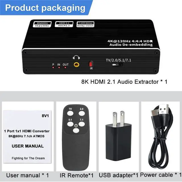 Alt view image 7 of 8 - ESTONE 8K 60Hz HDMI Splitter with Audio Extractor, Optical TOSLINK SPDIF 7.1CH, 3.5mm Audio Jack , Support RGB 4:4:4(7.1CH Dolby atmos),EDID,Dolby Vision,HDR 10