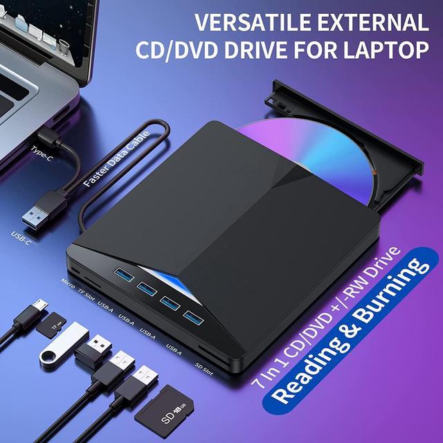 External DVD CD Drive , 7 -in-1 USB 3.0 Type-C Portable CD/DVD ROM +/-RW  Drive/DVD Player Rewriter Burner with 4 USB3.0 Ports and TF SD Card Slots  