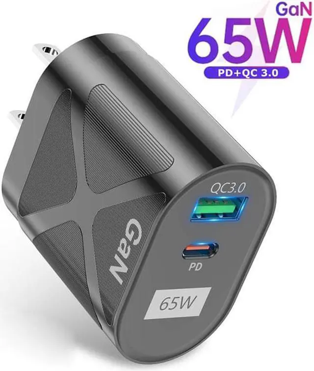 Main image of GaN 65W Fast Charger Dual Port USB C Charger PD Quick Charging for iPad Xiaomi Samsung iPhone Cell Phone Charger QC3.0 Wall Charger Adapter - Black