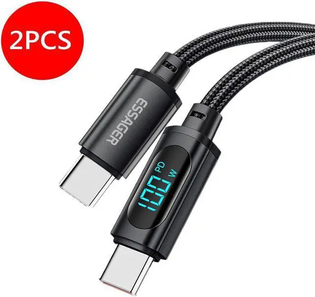 Main image of 100W USB C to USB C Cable Fast Charging, ESTONE Nylon Braided Type-C Cable with LED Display for lPad Air/lPad Pro, MacBook Pro, Samsung Galaxy S21/S10/S9/Plus (Black, 2-Pack, 3.3ft)