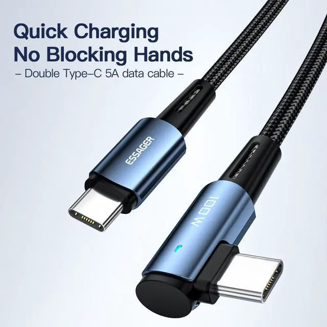 Alt view image 2 of 7 - 100W USB C to USB C Cable Fast Charging, ESTONE Nylon Braided Type-C Cable 90 Degree Right Angle for lPad Air/lPad Pro, MacBook Pro, Samsung Galaxy S21/S10/S9/Plus (1-Pack, 6.6ft)