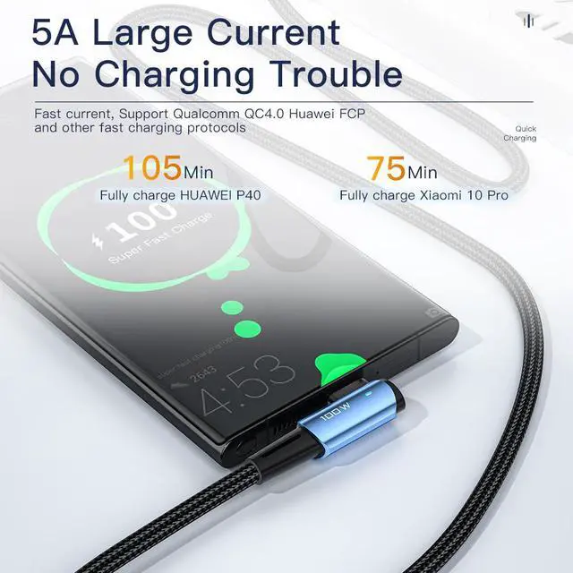 Alt view image 4 of 7 - 100W USB C to USB C Cable Fast Charging, ESTONE Nylon Braided Type-C Cable 90 Degree Right Angle for lPad Air/lPad Pro, MacBook Pro, Samsung Galaxy S21/S10/S9/Plus (1-Pack, 6.6ft)