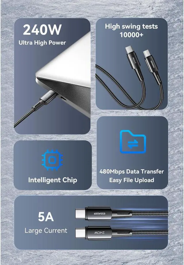 Alt view image 7 of 7 - USB-C to USB-C Cable,  Cable 240W 6.6ft 1-Pcs, Type C Charging Cable Fast Charge for MacBook Pro 2020, iPad Pro 2020, iPad Air 4, iPad Mini 6, Galaxy S21, Pixel, Switch (Black)