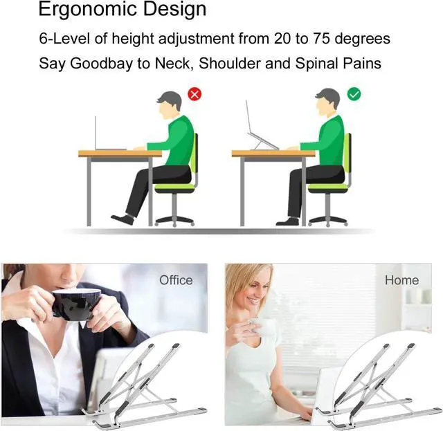 Alt view image 3 of 7 - Laptop Stand for Desk, Adjustable Ergonomic Portable Aluminum Laptop Holder, Foldable Computer Stand 6 Angles Anti-Slip Laptop Riser Compatible with 9-15.6 inch Laptops, Silver