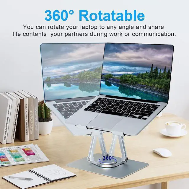 Alt view image 2 of 8 - Laptop Stand for Desk, Adjustable Laptop Stand with 360 Rotating Base Foldable Laptop Riser Compatible with MacBook Pro/Air Notebook up to 17 Inches, Silver