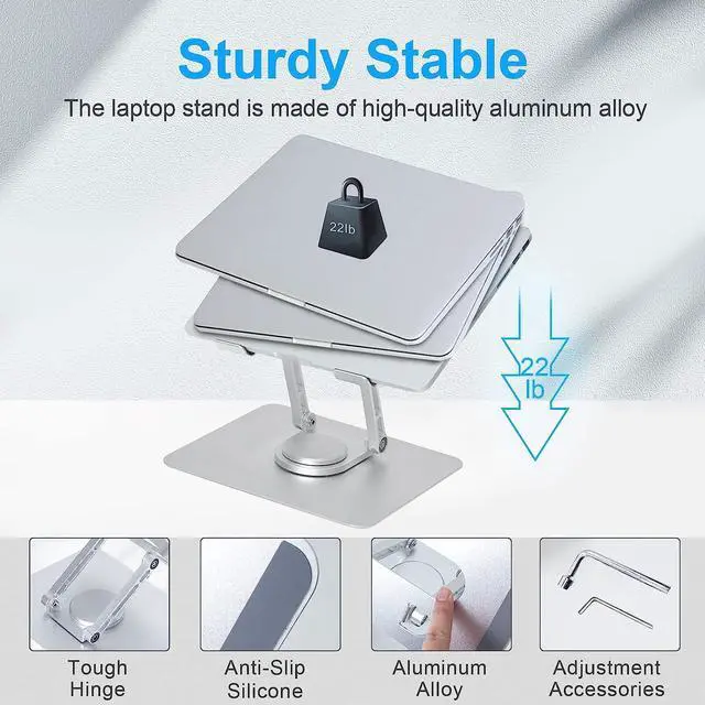 Alt view image 4 of 8 - Laptop Stand for Desk, Adjustable Laptop Stand with 360 Rotating Base Foldable Laptop Riser Compatible with MacBook Pro/Air Notebook up to 17 Inches, Silver