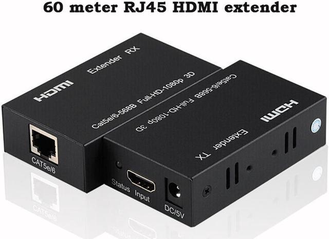 60M HDMI Extender, 1080P HDMI Transmitter and Receiver Over single RJ45  Cat6/7 Cables Up to 196ft(60m), HDMI Ethernet Extender, HDMI to RJ45/RJ45  to HDMI Transmitter 