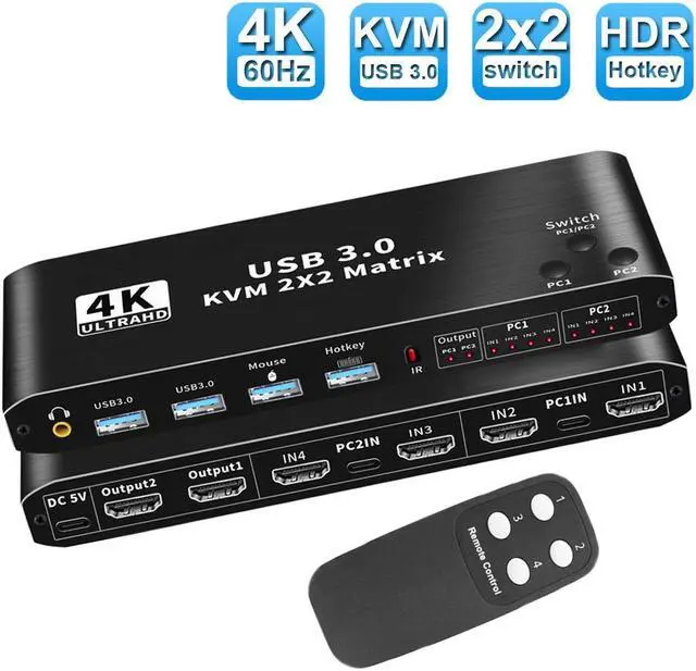 Main image of ESTONE 4K@60Hz 2X2 Matrix HDMI KVM Switch 2 in 2 Out Box, with 2 Computers 2 Monitor, 2 PCs Share 1 Set of Keyboard, Mouse, 2 USB3.0 Hubs, for Mac, Windows