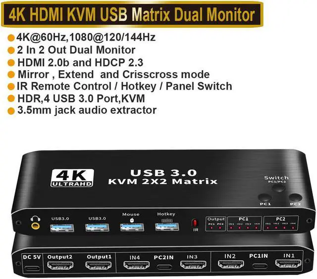 Main image of ESTONE 4K@60Hz HDMI Matrix KVM Switch with USB 3.0 2 in 2 Out, 2 Port KVM Switch for 2 Computers 2 Monitor, 2 PCs Share Dual Monitor, 1 Set of Keyboard, Mouse, Printer for Mac, Windows