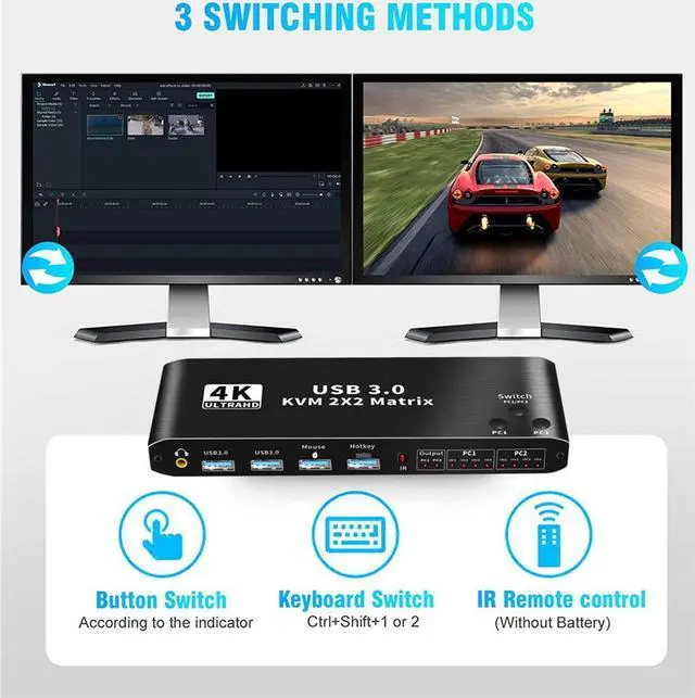 Alt view image 3 of 7 - ESTONE 4K@60Hz HDMI Matrix KVM Switch with USB 3.0 2 in 2 Out, 2 Port KVM Switch for 2 Computers 2 Monitor, 2 PCs Share Dual Monitor, 1 Set of Keyboard, Mouse, Printer for Mac, Windows