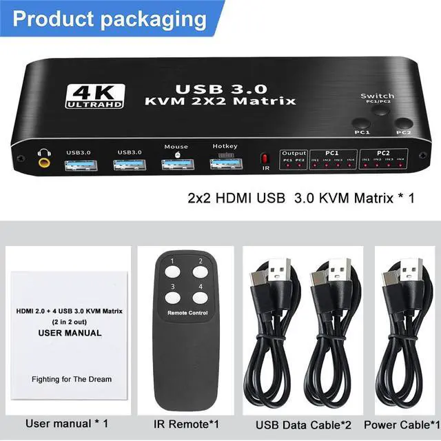 Alt view image 7 of 7 - ESTONE 4K@60Hz HDMI Matrix KVM Switch with USB 3.0 2 in 2 Out, 2 Port KVM Switch for 2 Computers 2 Monitor, 2 PCs Share Dual Monitor, 1 Set of Keyboard, Mouse, Printer for Mac, Windows