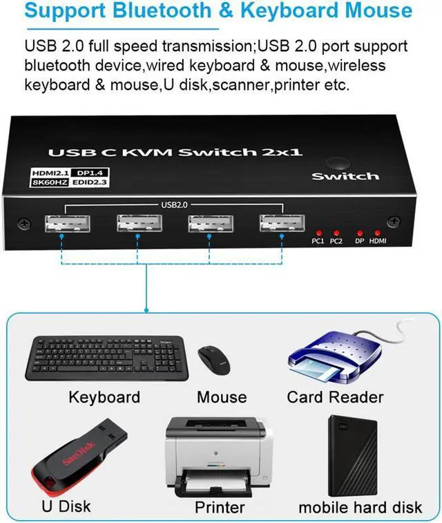 Alt view image 4 of 7 - 8K USB C  KVM Switch 2x1 , KVM Switch HDMI DP,USB KVM Switch for 2 Computers Sharing One HD Monitor and Keyboard Mouse, Support 8K@60Hz, 2 USB-C Cables Included