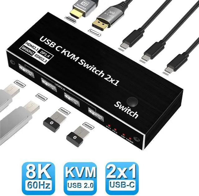 Main image of 2x1 USB-C KVM Switch 2 PCs Share 1 Monitor, 8K@60Hz USB C KVM Switch 4 USB2.0, PD 3.0 KVM . 2 Channel Type C in 1 HDMI/DP Output. Button Switch, with 2 Type-C Cables