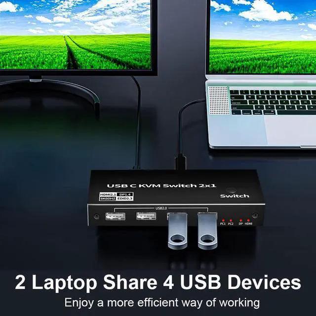 Alt view image 2 of 7 - 2x1 USB-C KVM Switch 2 PCs Share 1 Monitor, 8K@60Hz USB C KVM Switch 4 USB2.0, PD 3.0 KVM . 2 Channel Type C in 1 HDMI/DP Output. Button Switch, with 2 Type-C Cables