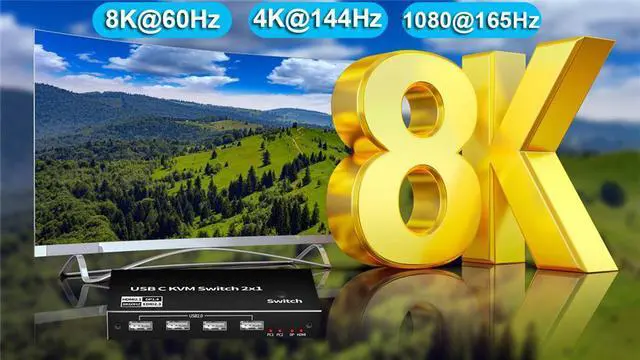 Alt view image 7 of 7 - 2x1 USB-C KVM Switch 2 PCs Share 1 Monitor, 8K@60Hz USB C KVM Switch 4 USB2.0, PD 3.0 KVM . 2 Channel Type C in 1 HDMI/DP Output. Button Switch, with 2 Type-C Cables