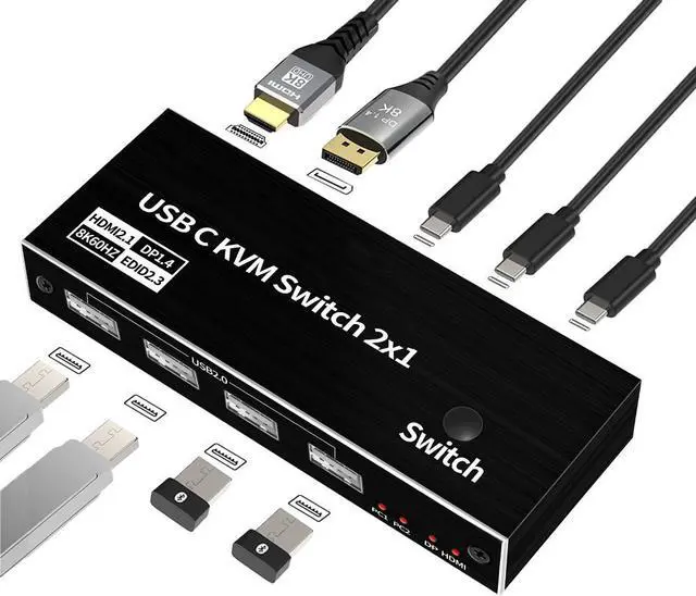 Main image of 2x1 USB C KVM Switch 8K@60Hz 4K@120Hz, 2 Port Type C KVM Switch for 2 Computers Share 1 Monitor (HDMI or DP Output), USB C KCM with 4 USB 2.0 Ports, 2 USB-C Cables Included