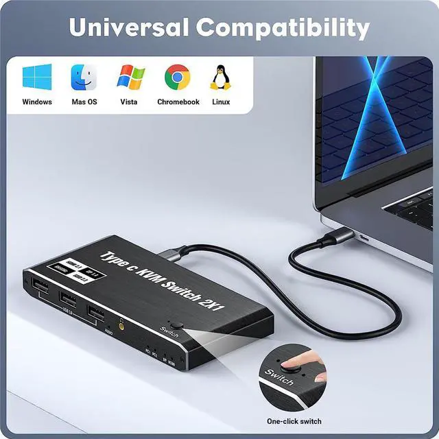 Alt view image 5 of 7 - 2x1 USB C KVM Switch 8K@60Hz 4K@120Hz, 2 Port Type C KVM Switch for 2 Computers Share 1 Monitor (HDMI or DP Output),2Port 100 W Power Delivery USB C KCM with 3 USB Ports + 3.5mm Audio Output