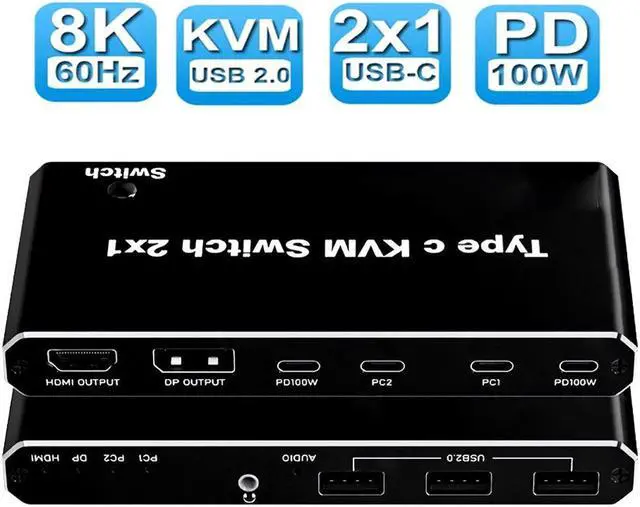 Main image of 8K USB C  KVM Switch 2x1 , KVM Switch HDMI DP,USB KVM Switch for 2 Computers Sharing One HD Monitor and Keyboard Mouse, 100 W Power Delivery Support 8K@60Hz, 2 USB-C Cables Included