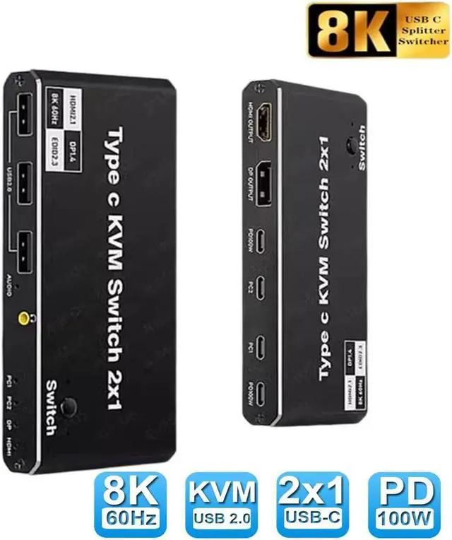 Main image of 2x1 8K Type-C KVM Switch for 2 PC Share 1 Monitors, KVM USB C Switcher 100W PD Support HDMI/DP Monitor Output, 2PC Share 3 USB Devices+3.5mm Jack, 2 USB-C Cables Included